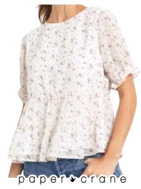 Paper Crane | White & Pink Ditsy Floral Tiered Peplum Top - Size XS